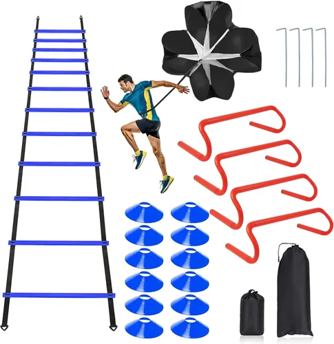 Juego de Equipo de Entrenamiento de Velocidad y Agilidad, Incluye Escalera de Agilidad de 20 pies con 12 peldaños, 4 Obstáculos de Agilidad, 12