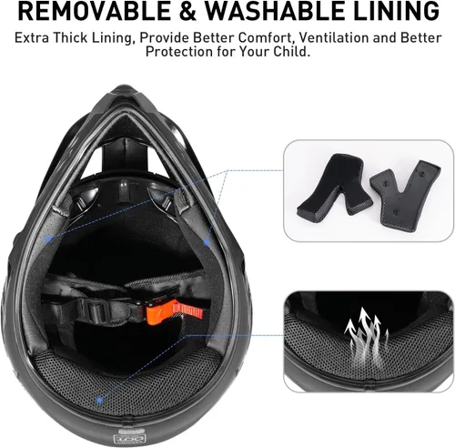 Miniatura 7 de Juego de 4 cascos de motocross para niños y jóvenes (guantes con gafas), casco de motocicleta de cara completa aprobado por DOT, ATV, BMX, bicicleta