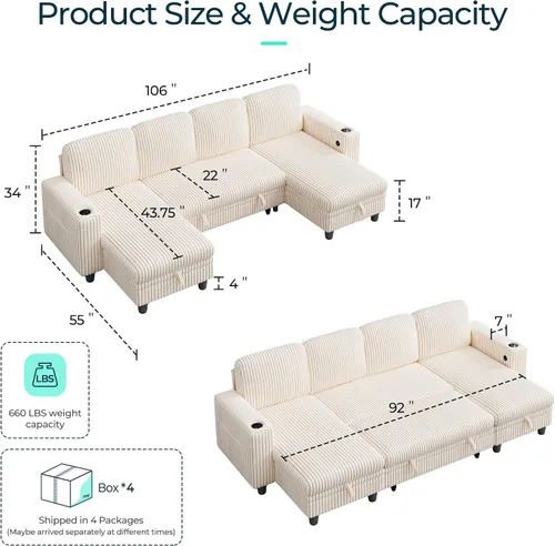 Miniatura 2 de LINSY HOME - Sofá cama seccional con sofá cama extraíble, sofá de corduroy mullido convertible en forma de nube con chaise longue de almacenamiento