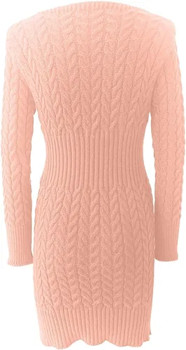 Miniatura 4 de Vestido de cóctel para mujer, de color sólido, de punto, mediana, manga larga, media cremallera, cuello en V, vestido de fiesta, vacaciones