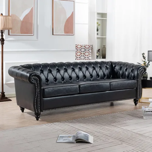 Miniatura 12 de Chesterfield - Sofá tapizado de piel sintética, con respaldo copetudo, sofá clásico de cuero de 3 plazas, brazo enrollado para sala de estar, Marrón