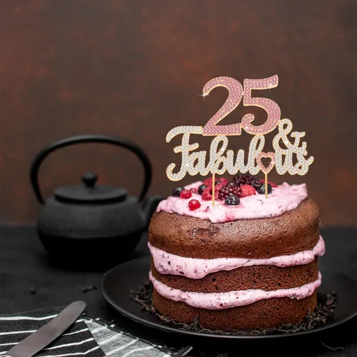 Miniatura 7 de 25 y fabulosa decoración de pastel de diamantes de imitación dorados y rosados – Feliz cumpleaños 25 años saluda a 25 años de edad, decoración