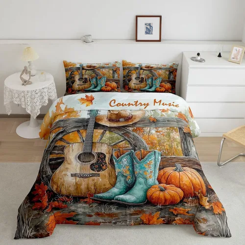 Miniatura 22 de Castle Fairy Juego de edredón de botas de vaquero, tamaño individual, juego de ropa de cama bohemio con guitarra musical para niños y niños