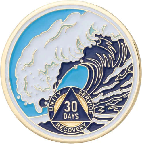 Miniatura 31 de Moneda AA de 1 año – Medallón de recuperación de ondas estrelladas de Sobriety Mint – azul/blanco/dorado
