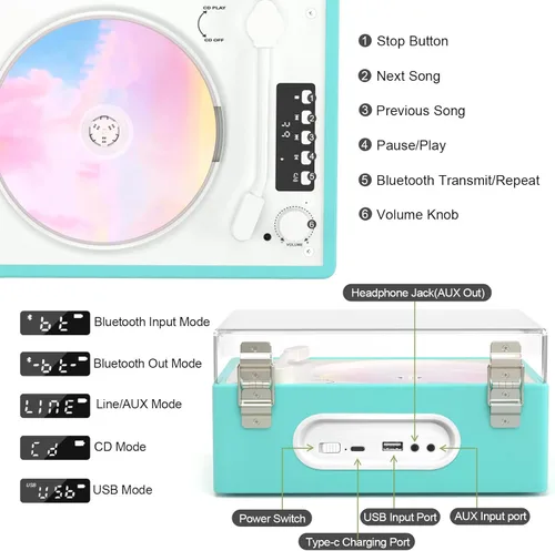 Miniatura 6 de Reproductor de CD Bluetooth portátil con altavoz, reproductor de CD retro, pantalla LED, reproducción USB, entrada/salida AUX, recargable, perfecto