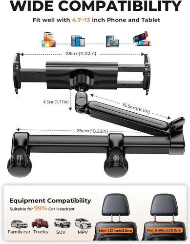 Miniatura 7 de Tryone Soporte para tablet para reposacabezas para accesorios de automóvil: [brazo de 18.11 pulgadas de largo] Soporte 3 en 1 para tableta