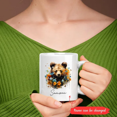 Miniatura 2 de Taza de café de oso – Regalo personalizado para amantes, taza de té de animales salvajes con flores, regalo de cerámica personalizado para amantes