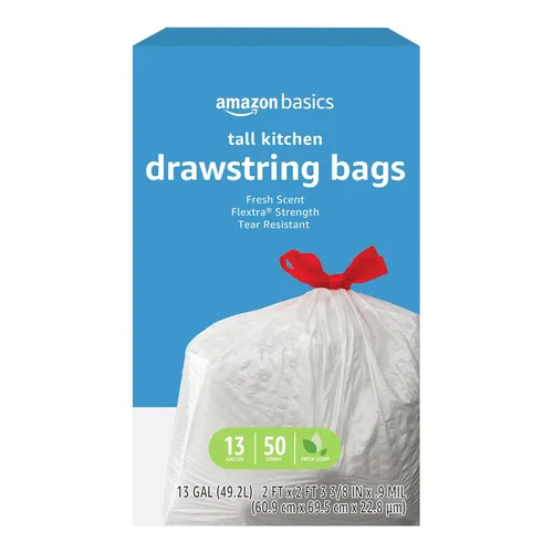 Amazon Basics Flextra Strength - Bolsas de basura altas con cordón para cocina, aroma fresco, resistentes a desgarros, 13 galones, 50 unidades