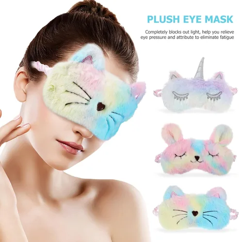 Miniatura 4 de Healifty 3 piezas de felpa para dormir, ojos de conejo, gato, mullido y peludo, cubierta de sueño de unicornio para dormir, sombra de ojos suave