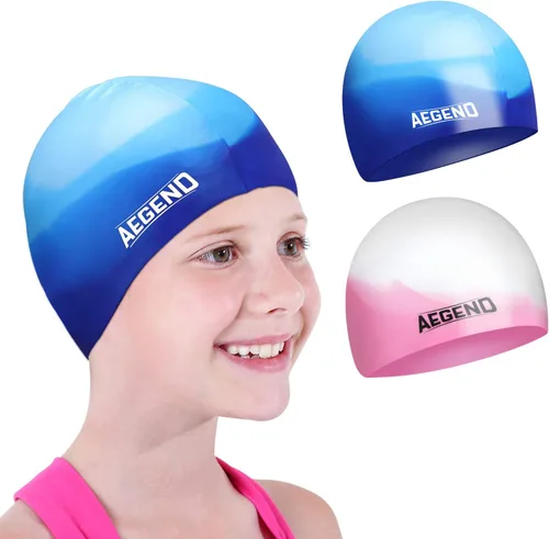 Miniatura 11 de Aegend Paquete de 2 gorros de natación para niñas y niños de 3 a 15 años, gorro de natación impermeable para niños, de silicona duradera