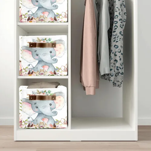 Miniatura 5 de Contenedor de almacenamiento personalizado de elefante floral rosa bohemio con nombre, impermeable, organizador de lona con asas, para cestas