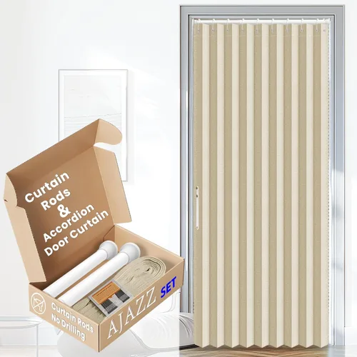 Miniatura 16 de AJAZZ Conjunto: Barras para cortinas sin perforación (28-39" de ancho) y cortina acordeón para puerta, beige 43" de ancho × 78" de largo, puertas