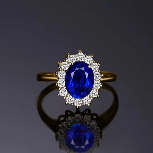 Miniatura 3 de JewelryPalace Anillos de compromiso y aniversario estilo princesa Diana, Kate Middleton, piedra natal de zafiro y halo, 14 quilates, chapado en oro