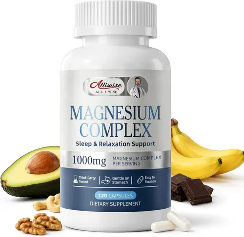 Complejo de magnesio de 1000 mg para mujeres y hombres, mezcla de magnesio quelatado 7 en 1 con glicinato, taurato, citrato y más, apoyo para la