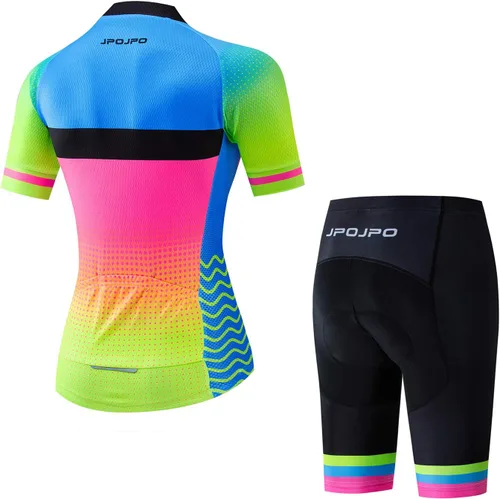 Miniatura 48 de Camiseta de ciclismo para mujer, manga corta y pantalones cortos de ciclismo acolchados para verano