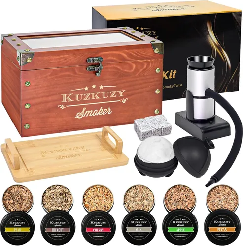 Kit para ahumar cócteles - Kit ahumador para whisky con pistola ahumadora, caja ahumadora, astillas de madera de 6 sabores con piedras para whisky y