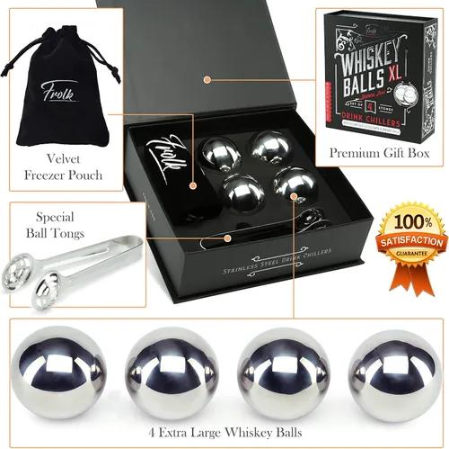 Miniatura 2 de Regalos para él – Hombres Papá Marido – 4 bolas de hielo de whisky de acero inoxidable XL, pinzas especiales y bolsa de congelador en caja de regalo