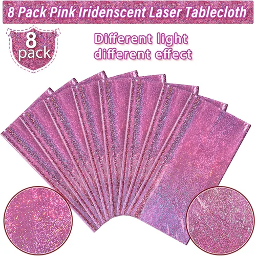 Miniatura 4 de Paquete de 8 manteles de plástico iridiscente brillantes desechables láser rectangulares, cubiertas de mesa de papel holográfico iridiscente, Rosa