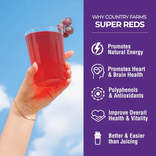 Miniatura 4 de Country Farms Super Reds, superalimento energizante de polifenoles, 40 frutas y bayas super, poderosos antioxidantes y polifenoles, apoya la energía
