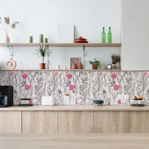 Miniatura 6 de VEELIKE Papel tapiz de dibujo floral gris para despegar y pegar, papel tapiz de flores rosas de 17.7 x 118 pulgadas, papel de pared botánico vintage