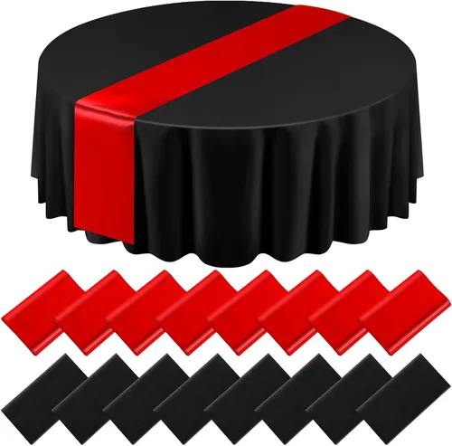 Miniatura 14 de Tudomro Juego de 16 manteles redondos de plástico negro y dorado y camino de mesa de satén de 84 pulgadas, fundas redondas de 12 x 108 pulgadas