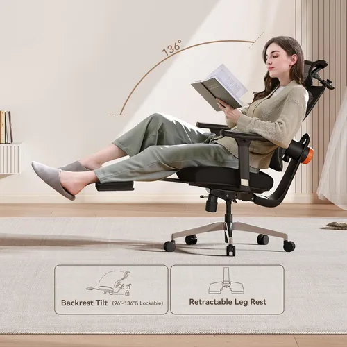 Miniatura 2 de Newtral Silla de oficina ergonómica, silla de escritorio de oficina en casa con reposapiés, respaldo y reposacabezas de seguimiento automático, Negro