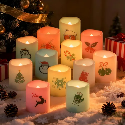 Candle Choice - Juego de 12 velas votivas LED sin llama con cambio de color navideño, funciona con baterías, votivos eléctricos LED realistas con
