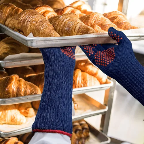 Miniatura 6 de MIG4U Guantes de parrilla para barbacoa, guantes de horno de 500 grados, resistentes al calor, con puntos de silicona antideslizantes de grado Azul