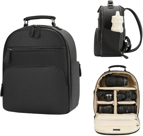 Miniatura 10 de Mochila pequeña para cámara, cuero PU clásico para DSLR, bolsa de cámara profesional para fotógrafos con compartimento para almohadilla/tableta