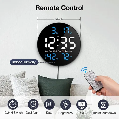 Miniatura 3 de Reloj de pared digital eléctrico de 10 pulgadas con pantalla LED grande Auto/10-Level Brightness, Temperature, Humidity, Auto DST, Date and Day
