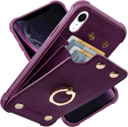 Miniatura 54 de Funda tipo cartera compatible con iPhone XR/10R con tarjetero de crédito, funda protectora de cuero a prueba de golpes compatible con anillo
