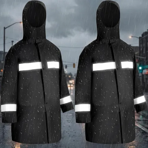 Halfchet Chaqueta de lluvia reflectante para hombre, impermeable, de alta visibilidad, chaqueta de seguridad negra con tira reflectante, 2 piezas
