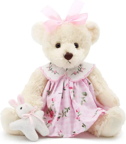 Oitscute - Oso de peluche pequeño para bebé con tela, lindo animal de peluche suave de 10 pulgadas (vestido rosa con conejo)