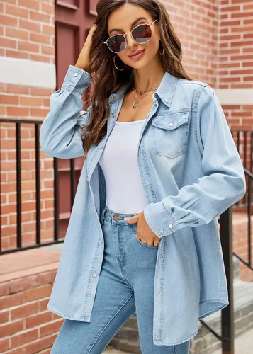 Miniatura 3 de Kedera Blusa clásica de manga largaenrollable para mujer, con botones y botones