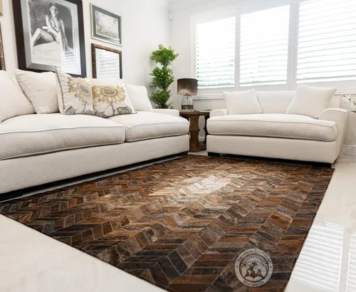 Miniatura 2 de Sunshine Cowhides Alfombra de piel de vaca 100 % auténtica, diseño de cheurón tricolor, diseño de cheurón, moderno tapete para sala de estar