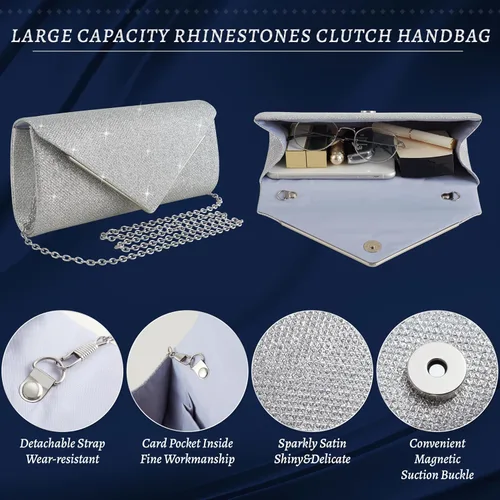 Miniatura 3 de Juego de 4 piezas de plata para mujer, bolso de mano brillante con diamantes de imitación, bolso de mano para regalo de fiesta de boda, plateado