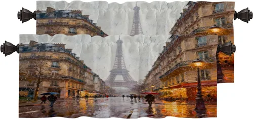 Miniatura 123 de Cortinas opacas de cocina con pintura al óleo de Europa rosa y negra para ventanas, cenefas opacas modernas de torre Eiffel de poliéster multicapa