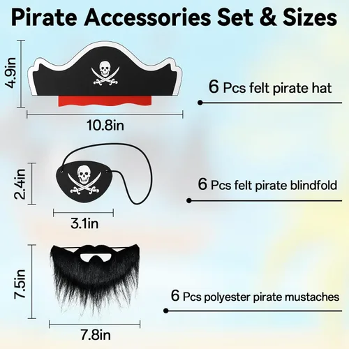 Miniatura 2 de ZeeDix 18 accesorios piratas para niños, incluye 6 sombreros de pirata, 6 parches de ojos y 6 bigotes, decoraciones de fiesta pirata para Navidad