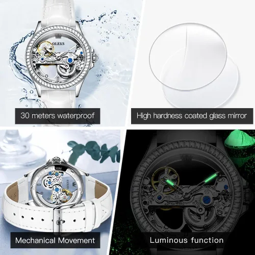 Miniatura 5 de OLEVS Reloj de mujer con diseño de esqueleto, mecánico automático, plateado, de lujo, impermeable, luminoso, conjunto de regalo