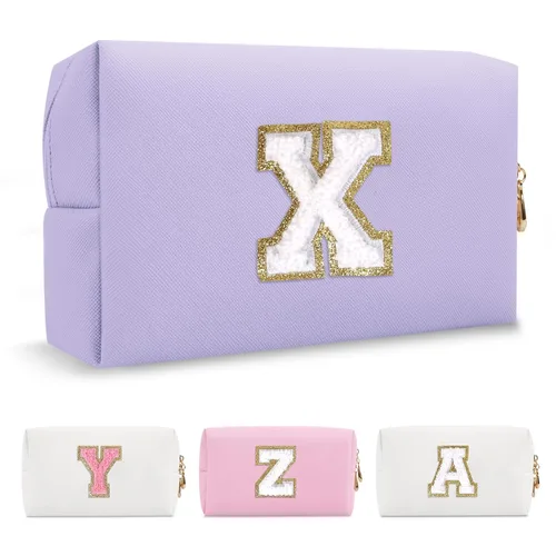 Miniatura 138 de Pequeña bolsa de maquillaje personalizada con inicial A-Z Preppy Patch, bolsa de cosméticos de viaje de felpilla blanca con cremallera, bonita bolsa