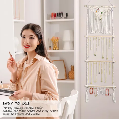 Miniatura 6 de Teniinet Organizador colgante de joyas, colgador de collar de macramé bohemio montado en la pared con 30 ganchos, soporte de joyería colgante