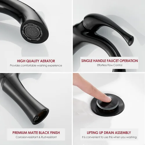 Miniatura 3 de Grifo de baño, grifo de lavabo de una sola manija, grifo de fregadero de baño de 1 o 3 agujeros con placa de drenaje emergente, color negro mate