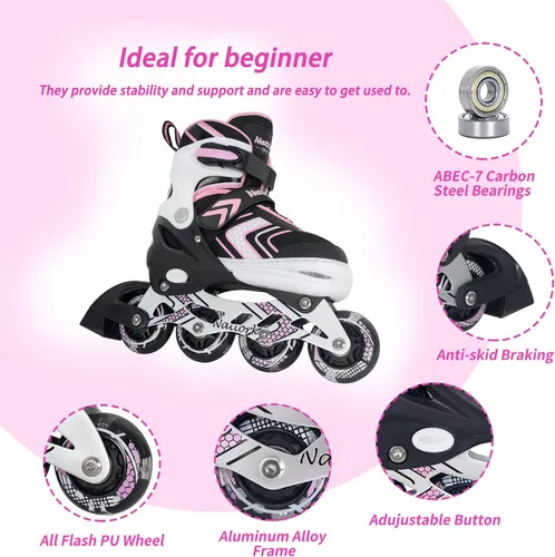 Miniatura 4 de Patines en línea NATTORK para niños, niñas y niños con ruedas completamente iluminadas, patines ajustables seguros y duraderos, patines para Rosa