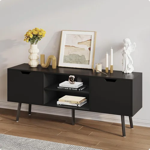 ALINE FURNITURE - Soporte de TV negro para televisores de 50, 55, 60+ pulgadas - Consola multimedia con 2 gabinetes y estantes abiertos, patas de