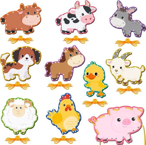 Miniatura 10 de Pajean Juego de 10 tarjetas con cordones para niños, tarjetas de costura de animales de doble cara, 10 estilos, manualidades de juguete para niños a