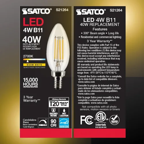 Miniatura 2 de Satco Lámpara LED, S21264 4B11/LED/927/CL/120V/E12, bombilla B11 de 4 W, transparente; base de candelabro; 90 CRI; 2700 K; 120 voltios