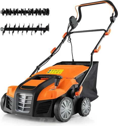 Miniatura 13 de Goplus Desbrozador y escarificador de césped 2 en 1, desbrozadora ajustable de 3 niveles de profundidad con bolsa de recolección de 11 galones y 2