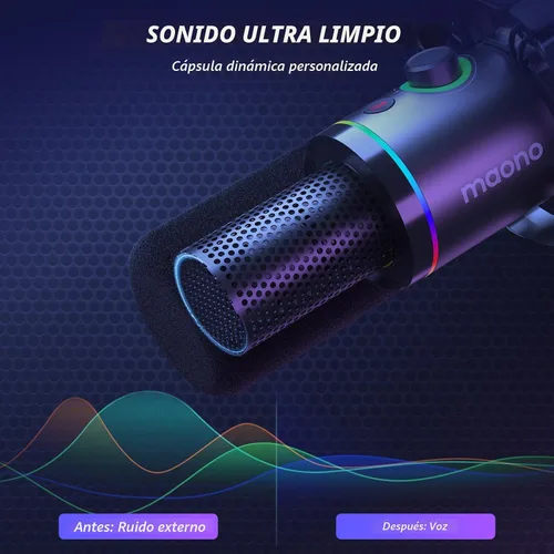 Miniatura 7 de MAONO Kit de micrófono dinámico XLR/USB, micrófono podcast RGB con software, silencio, perilla de ganancia, control de volumen, brazo de brazo