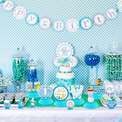 Miniatura 5 de Centros de mesa de fiesta de baby shower azul para niños, 12 piezas de decoración de panal de baby shower, decoración de bienvenida para niños