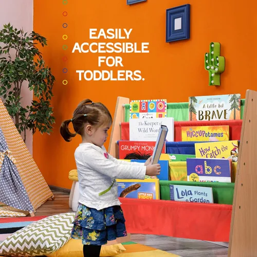 Miniatura 2 de Sagler Organizador de libros para niños pequeños – Estuche de madera para libros y revistas con 5 estantes de tela de nailon multicolor – Estantería